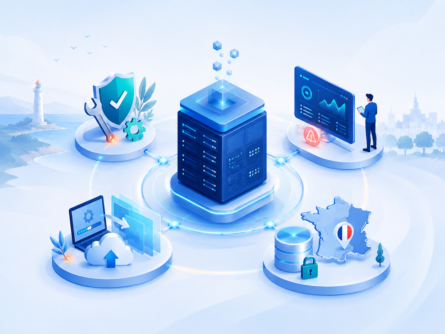 Les 4 services Aqueos autour de votre infrastructure : infogérance, surveillance, optimisation et sauvegardes en France